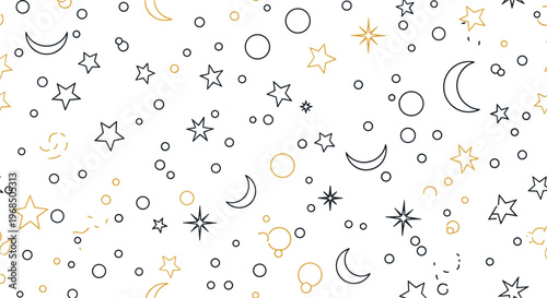 Elegant seamless pattern features minimalist stars and crescent moons in black and gold on a white background for a celestial dream theme.