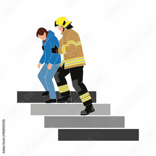 Firefighter assisting civilian up stairs during emergency evacuation.