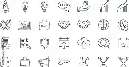 Business and strategy line icon set featuring analytics growth communication security cloud upload target and achievement symbols