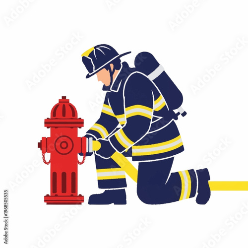 Firefighter connecting hose to red hydrant ready for action.