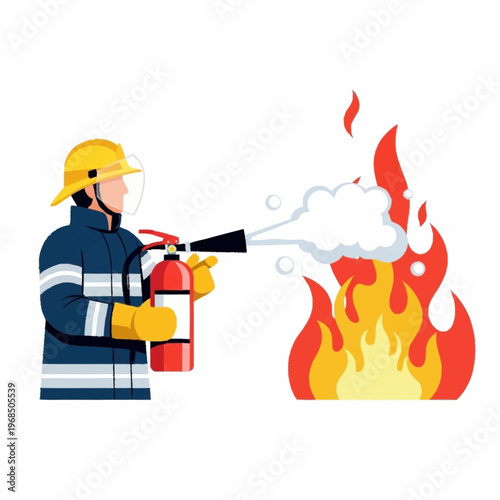 Firefighter bravely extinguishing a dangerous blaze with a fire extinguisher.