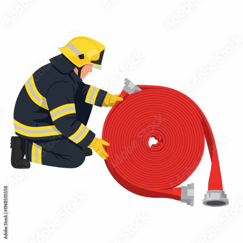 Firefighter holding a large red fire hose coiled neatly.