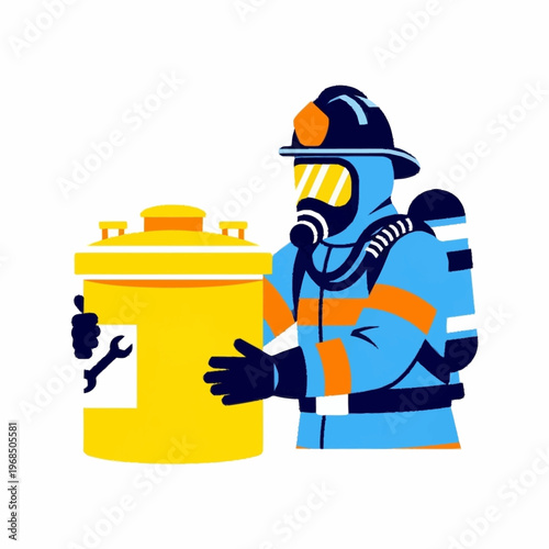 Firefighter in Hazmat Suit Handling Hazardous Material Container.
