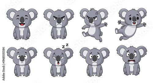 Cartoon koala characters expressing different emotions and actions  