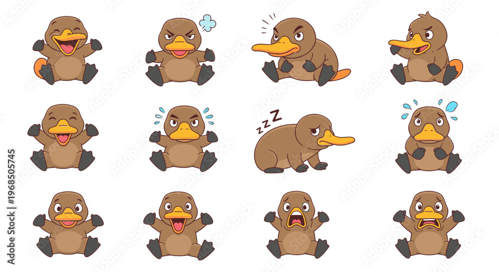 Fototapeta premium Cartoon platypus character expressing various emotions in colorful style 
