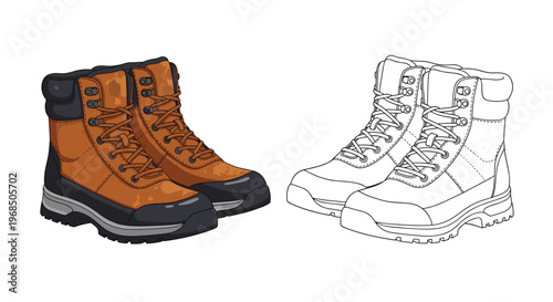 Comparison of a colored pair of durable brown hiking boots alongside its black and white line art outline version for coloring.