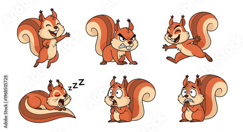Cartoon squirrel showing different emotions in playful poses  