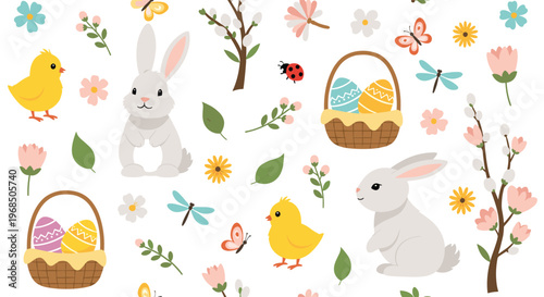 Cheerful Easter pattern with cute bunnies, yellow chicks, decorated eggs in baskets, spring flowers, and butterflies on a white background.