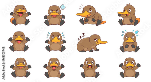 Cartoon platypus character expressing various emotions in colorful style  