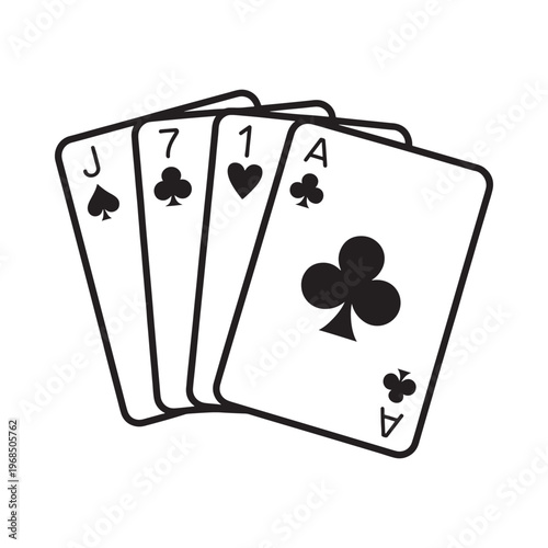 A hand of playing cards featuring a jack seven heart and ace
