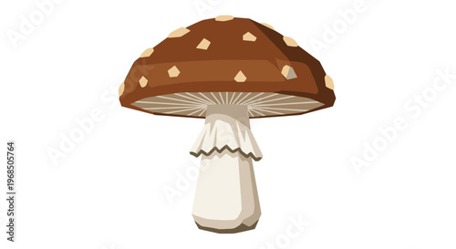 Detailed three dimensional rendered mushroom features a large brown cap covered in white spots and a sturdy white stem.