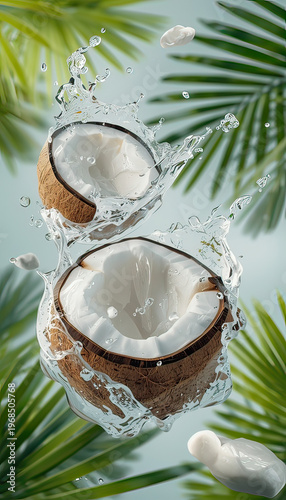 A refreshing image of coconuts splashing in water with palm leaves