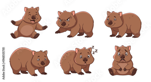 Cartoon wombat characters expressing various emotions and actions  
