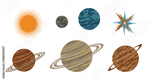 Set of space themed illustrations featuring a bright orange sun, various planets with rings, and a distant blue star or nebula.