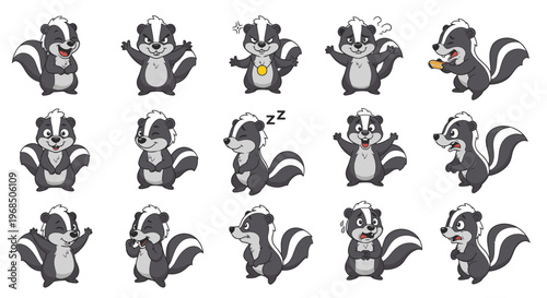 Cartoon skunk characters expressing various emotions and actions  