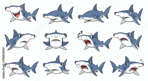Cartoon hammerhead sharks showing various emotions and expressions  