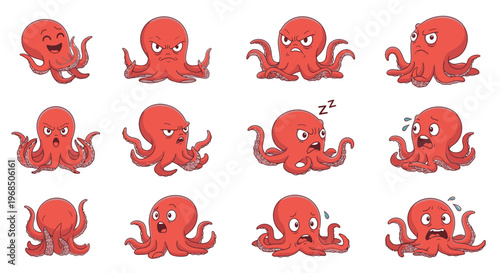 Cute cartoon octopus characters expressing various emotions and actions  
