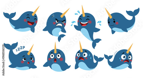 Cartoon narwhals with various expressions on white background  