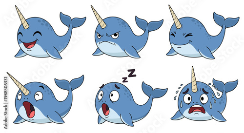 Cartoon narwhals expressing different emotions on white background  