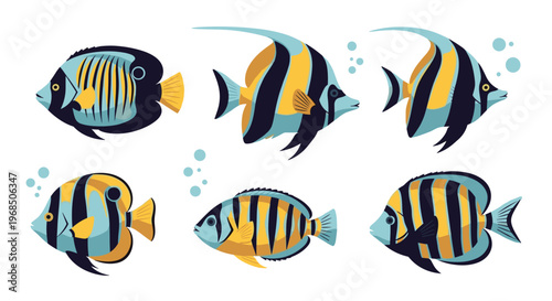 Set of vibrantly colored tropical angelfish with black, yellow, and blue stripes swimming in the ocean with bubbles.