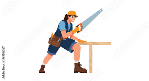 Determined woman carpenter wearing a hard hat and goggles uses a hand saw to cut a wooden plank on a workbench.