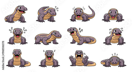 Komodo dragon cartoon characters showing various emotions and actions  