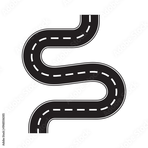 A winding black road with dashed white lane markings simplified illustration