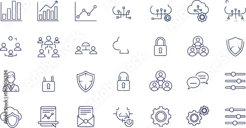 Business and technology line icon set featuring analytics cloud security teamwork communication networking and corporate workflow symbols
