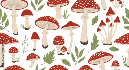 Seamless botanical pattern featuring red spotted fly agaric mushrooms and green forest leaves on a white background.