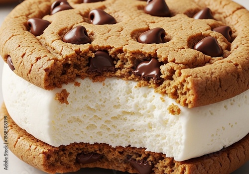 Delicious ice cream sandwich with chocolate chip cookies and creamy white ice cream filling on a white surface