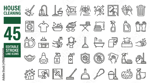 House Cleaning icon set. Housekeeping related line icons: washing, vacuum cleaner, detergent, cleaning tools, equipment, household appliances and more. Editable stroke. Vector illustration.