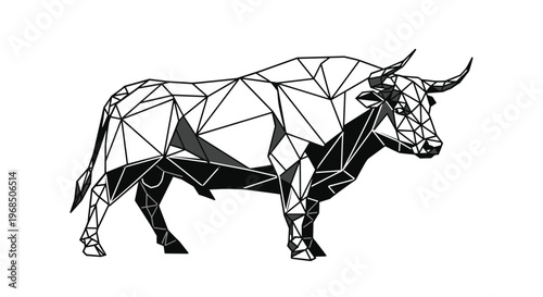 Stylized low poly geometric illustration of a powerful bull or ox in black and white silhouette against a white background.
