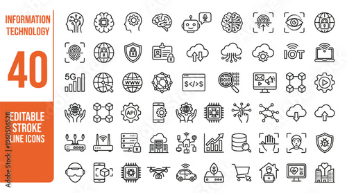 Information technology icon set. Containing IT manager, big data, data analytics, cybersecurity, artificial intelligence and more. Editable line icons. Vector illustration.