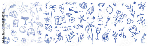 Summer beach elements hand drawn doodle set