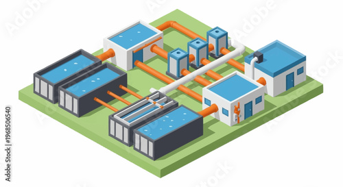 Isometric Industrial Water Treatment Plant Illustration.