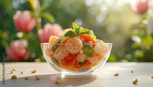 A delicious shrimp salad in a glass bowl on a table outdoors