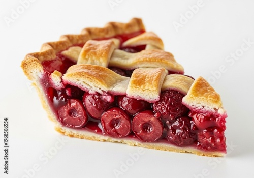 A delicious slice of cherry pie with a lattice crust on a white surface