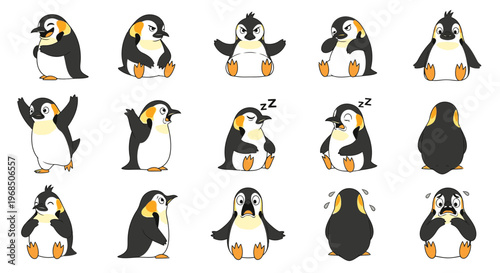 Emoticon penguins displaying various emotions and actions in illustrations  