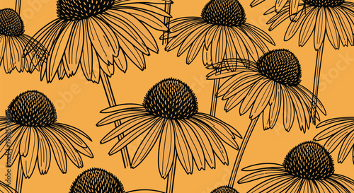 Seamless floral pattern of black outline coneflower blossoms on a solid mustard yellow background for vintage fabric design.