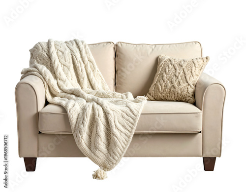 Cozy cream sofa with knitted throw and cushion