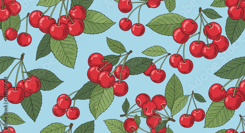 Sweet seamless pattern of ripe red cherries with green leaves and stems scattered across a light blue background.