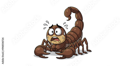 Scared cartoon scorpion with sweat drops on white background  