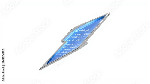 Silver object resembling blade. Blue glow displays code snippets, possibly software interface element. Minimalist design, dark background.