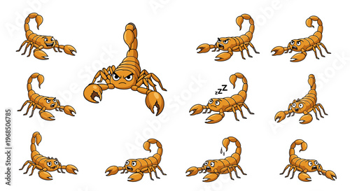 Cartoon scorpions in various poses and expressions on white background  