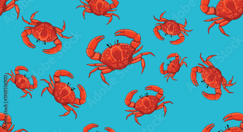 Vibrant seamless pattern of realistic red crabs swimming on a bright blue background for beach and coastal themes.