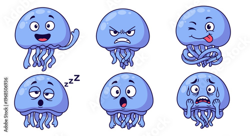 Colorful cartoon jellyfish displaying various emotions on white background  