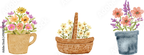 Watercolor Floral Arrangements in Rustic Pots and Basket