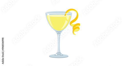 An elegant stemmed coupe cocktail glass with a luminous pale yellow beverage has a spiraling yellow citrus zest.