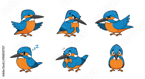 Animated kingfisher bird expressing various emotions and poses  
