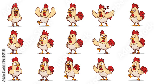Cartoon rooster character in various poses and expressions  